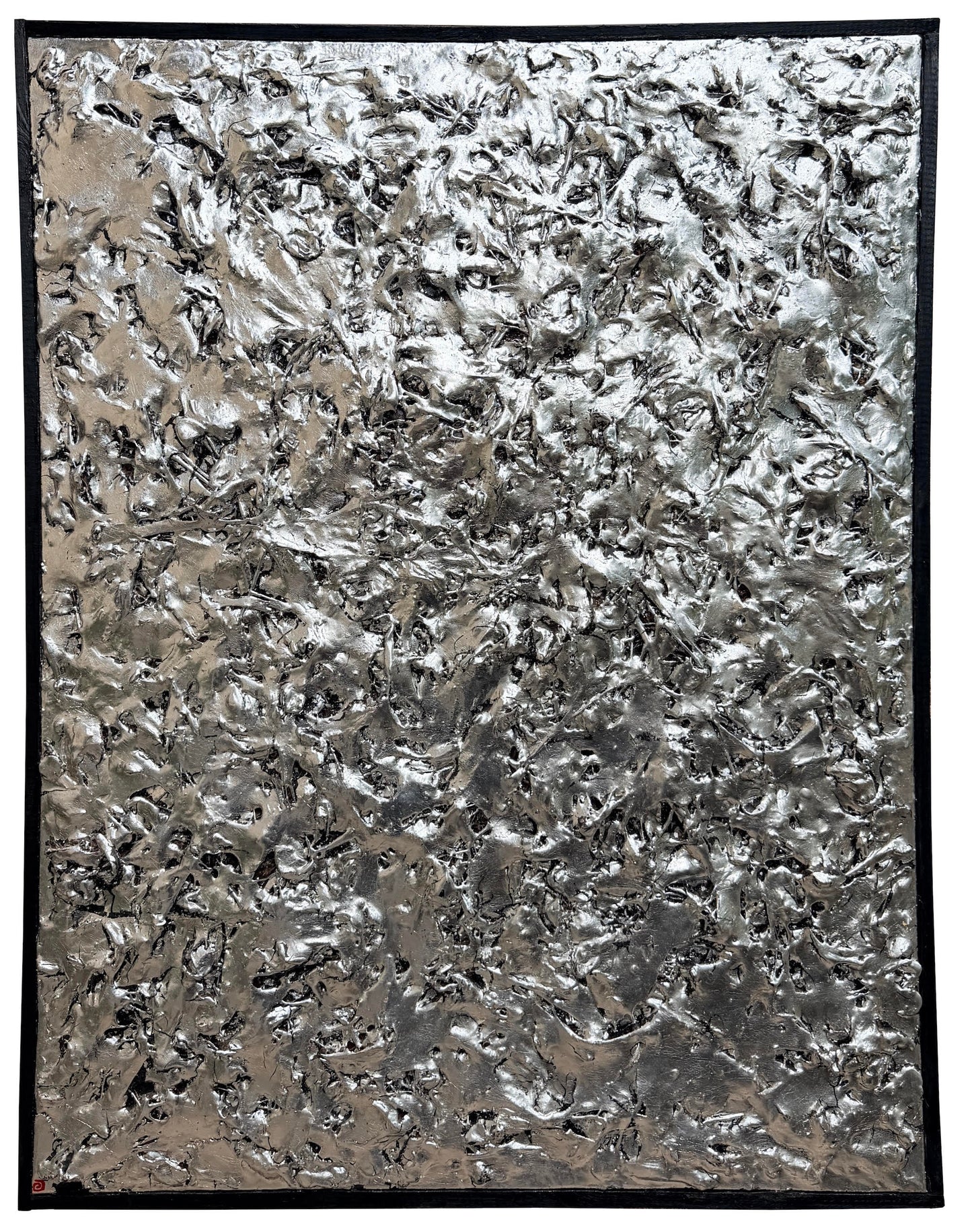 Tableau contemporain abstrait en relief Dynamic Texture argent par Vincent GILD, résine sculptée et dorure à la feuille d'argent.