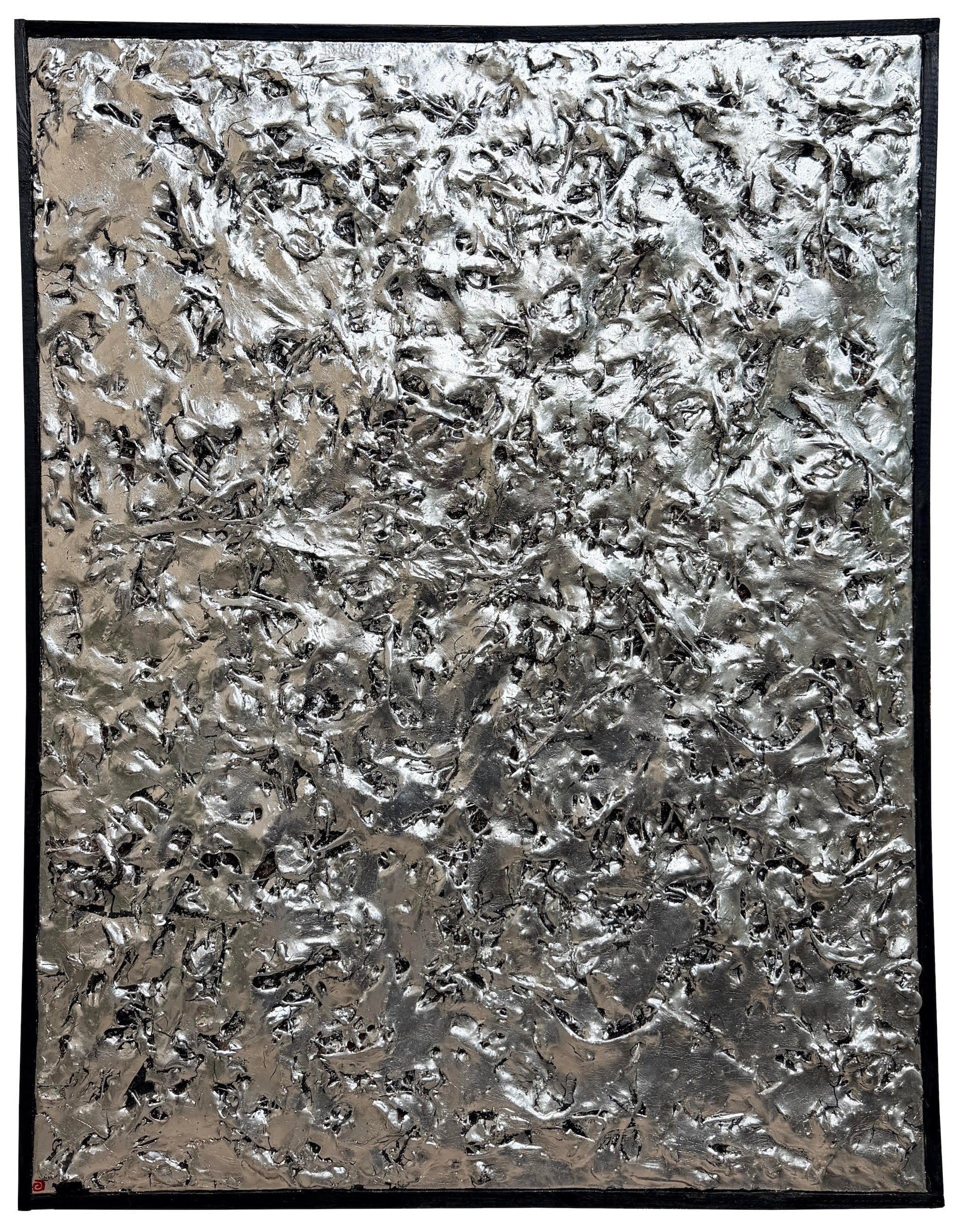 Tableau contemporain abstrait en relief Dynamic Texture argent par Vincent GILD, résine sculptée et dorure à la feuille d'argent.